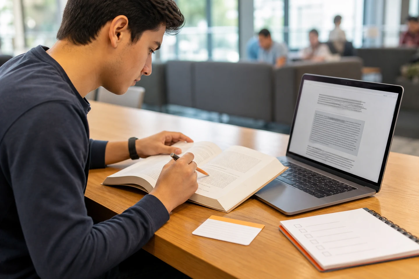 Estudiante universitario verificando una respuesta de laptop contra un libro y una lista.